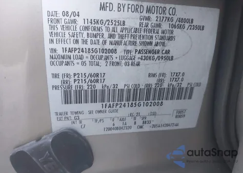 2005 Ford Five Hundred Sel from USA, damaged, VIN 1FAFP24185G102008